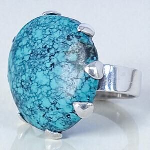 Large Spiderweb Turquoise Ring Sterling Silver Statement Chunky Cabochon sz 6.75